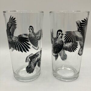 Pair of Vintage Libby Glass Tumblers Quail Monochrome‎ Black Design 5"Hx3"D MCM